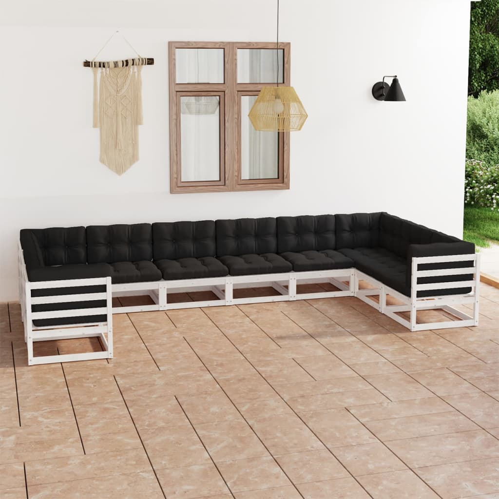 10-tlg. Garten-Lounge-Set mit Kissen Weiss Kiefer Massivholz